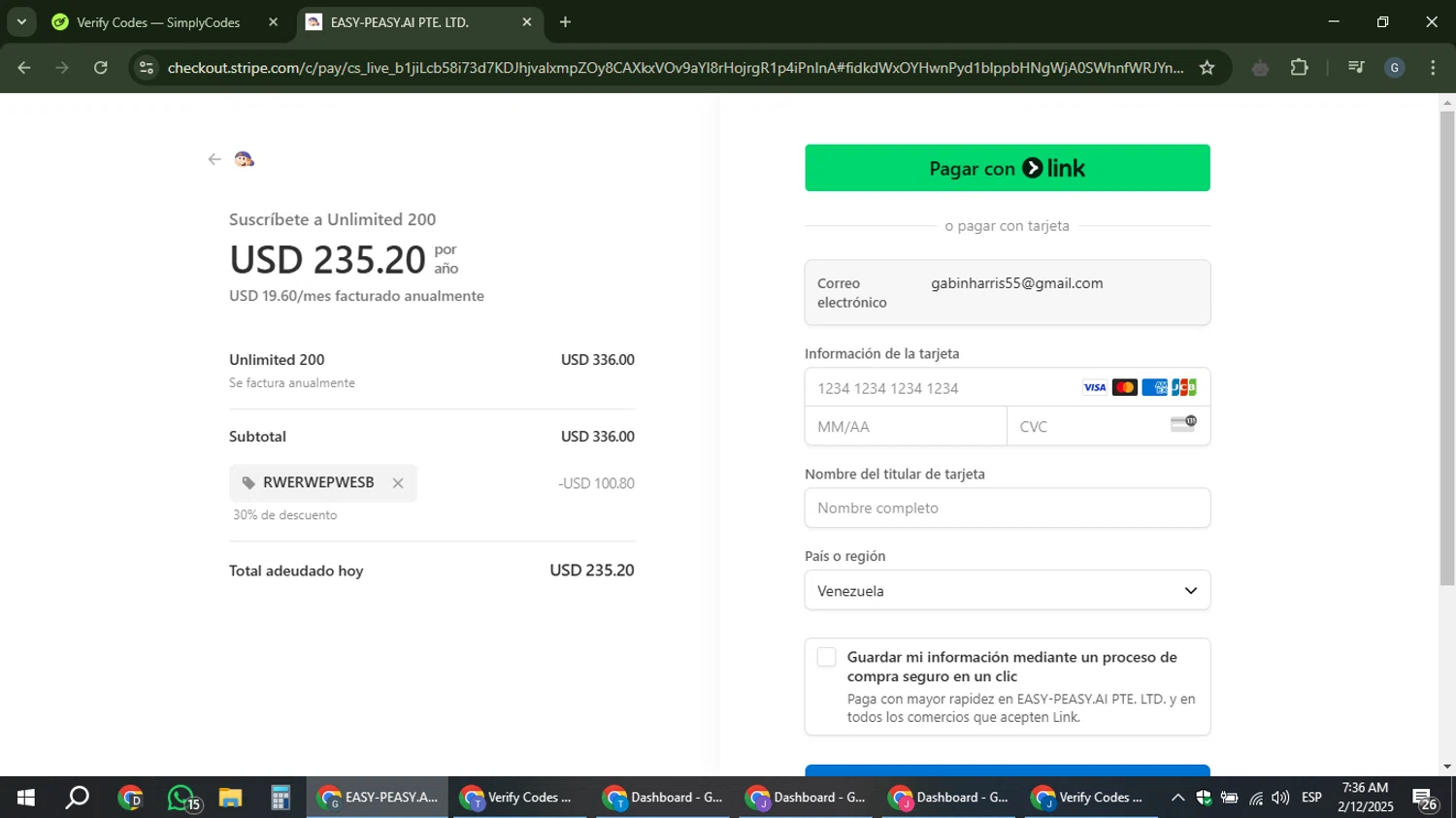 Easy-Peasy.AI promo code screenshot showing code RWERWEPWESB applied at Easy-Peasy.AI checkout page. Uploaded by SimplyCodes community member gabinharris55 on Feb 12, 2025