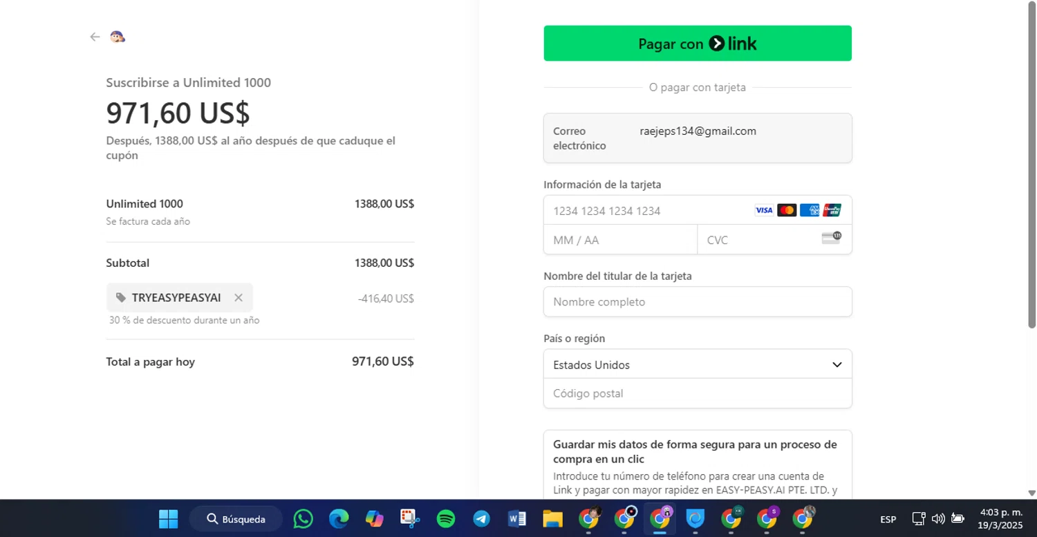 Easy-Peasy.AI promo code screenshot showing code TRYEASYPEASYAI applied at Easy-Peasy.AI checkout page. Uploaded by SimplyCodes community member GoldLynx7797 on Mar 19, 2025