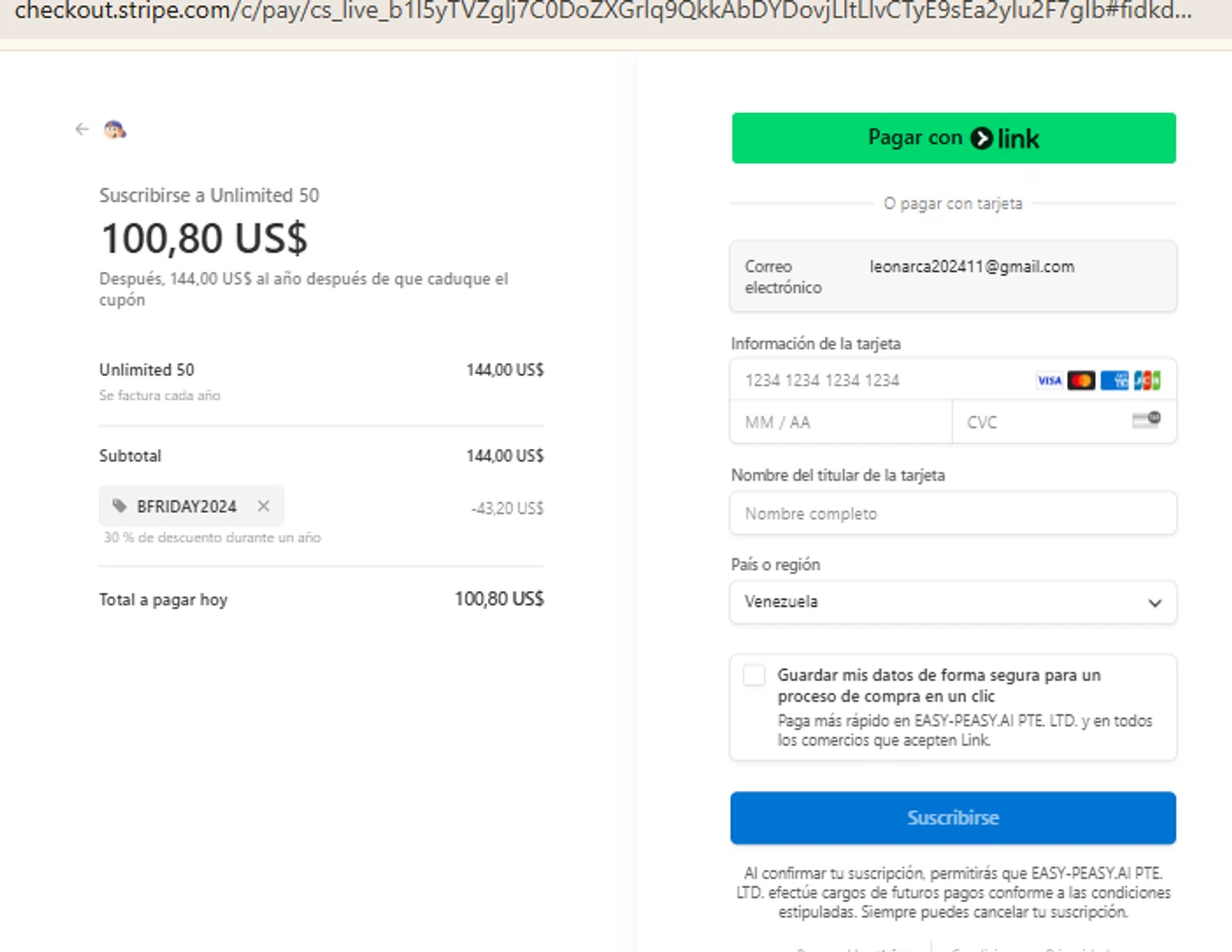 Easy-Peasy.AI promo code screenshot showing code BFRIDAY2024 applied at Easy-Peasy.AI checkout page. Uploaded by SimplyCodes community member RewardFinder4836 on Mar 28, 2025