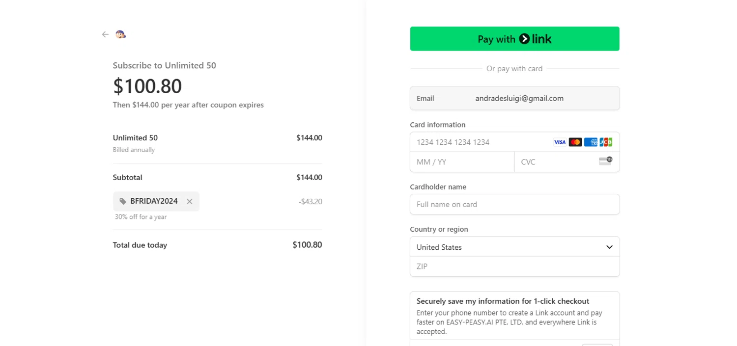 Easy-Peasy.AI promo code screenshot showing code BFRIDAY2024 applied at Easy-Peasy.AI checkout page. Uploaded by SimplyCodes community member BargainPilot9399 on Mar 28, 2025