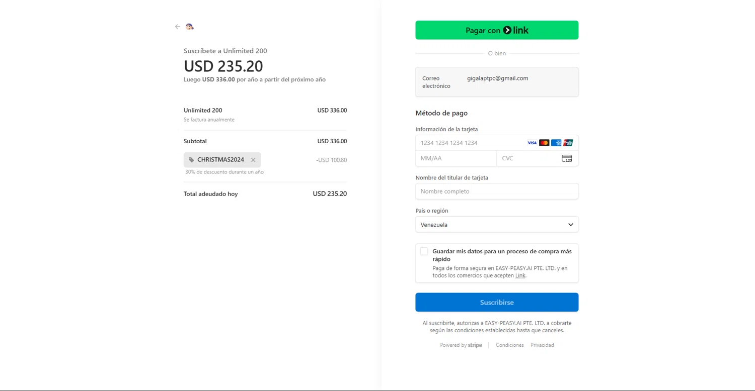 Easy-Peasy.AI promo code screenshot showing code CHRISTMAS2024 applied at Easy-Peasy.AI checkout page. Uploaded by SimplyCodes community member MasterKing on Sep 21, 2025
