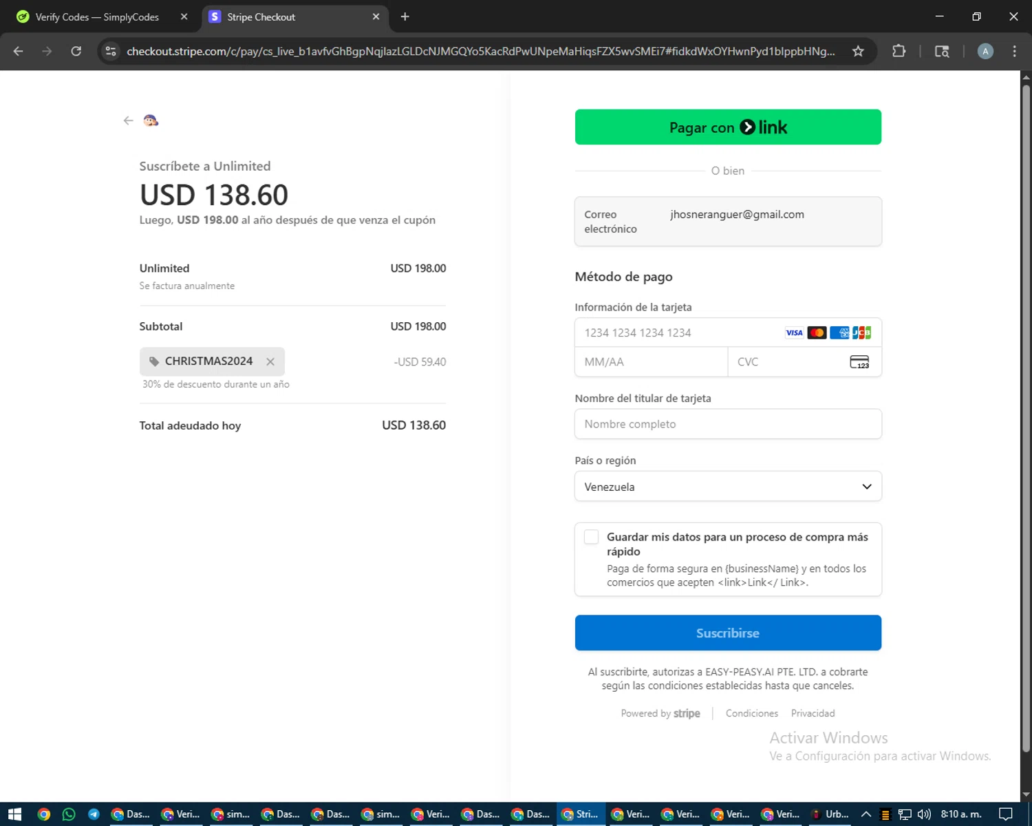 Easy-Peasy.AI promo code screenshot showing code CHRISTMAS2024 applied at Easy-Peasy.AI checkout page. Uploaded by SimplyCodes community member trippieredd on Aug 23, 2025
