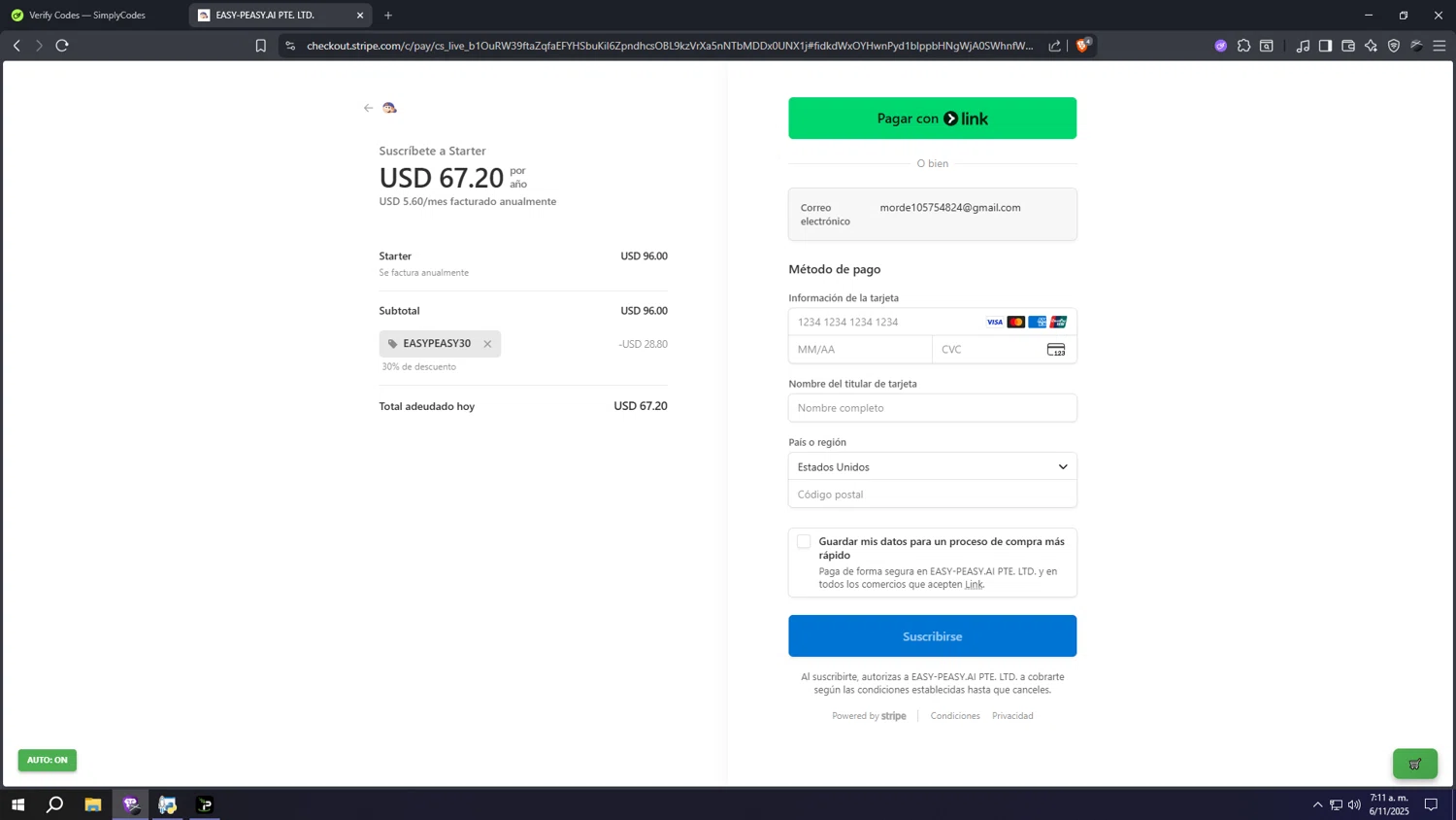 Easy-Peasy.AI promo code screenshot showing code EASYPEASY30 applied at Easy-Peasy.AI checkout page. Uploaded by SimplyCodes community member aaaaaaaaaaaaaaaa on Nov 6, 2025