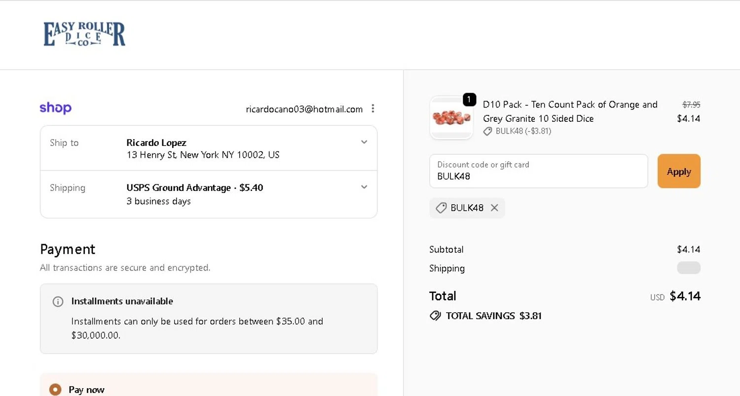 Easy Roller Dice promo code screenshot showing code BULK48 applied at Easy Roller Dice checkout page. Uploaded by SimplyCodes community member LAMINEJAMAL on May 30, 2026
