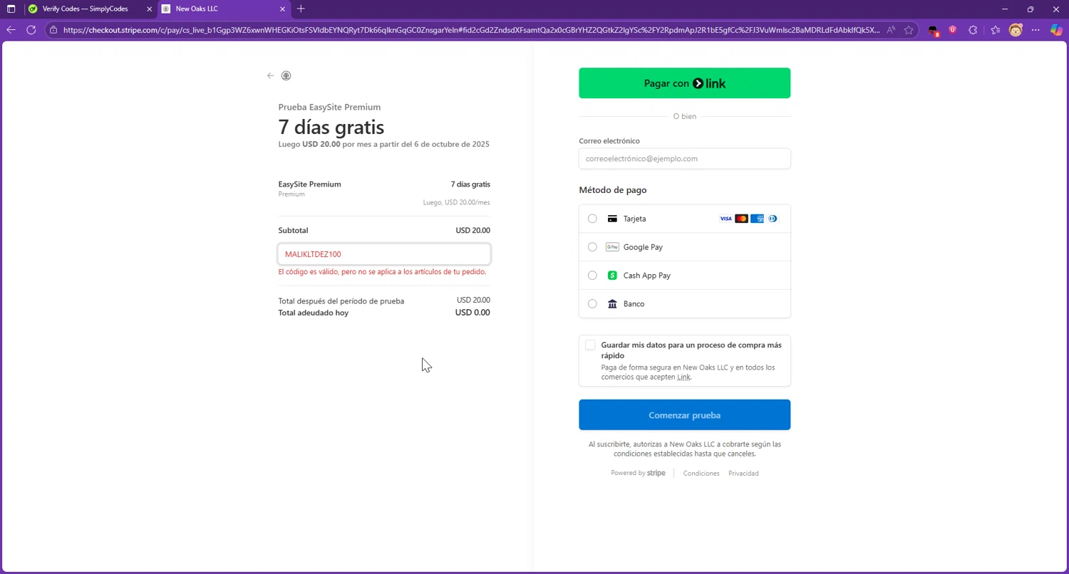 EasySite promo code screenshot showing code MALIKLTDEZ100 applied at EasySite checkout page. Uploaded by SimplyCodes community member Raibelys_18 on Sep 29, 2025