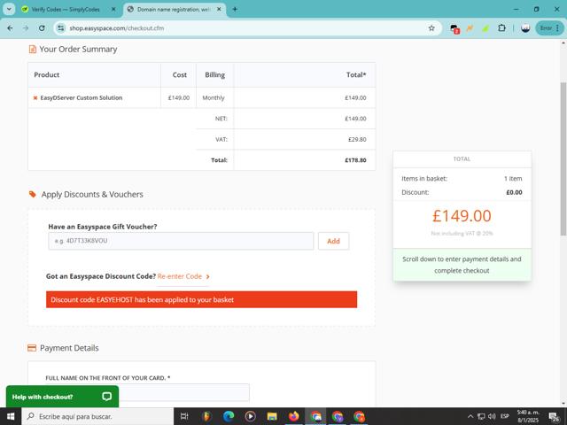 EasySpace checkout page showing EasySpace promo code box | Screenshot taken by SimplyCodes community member on Jan 8, 2025