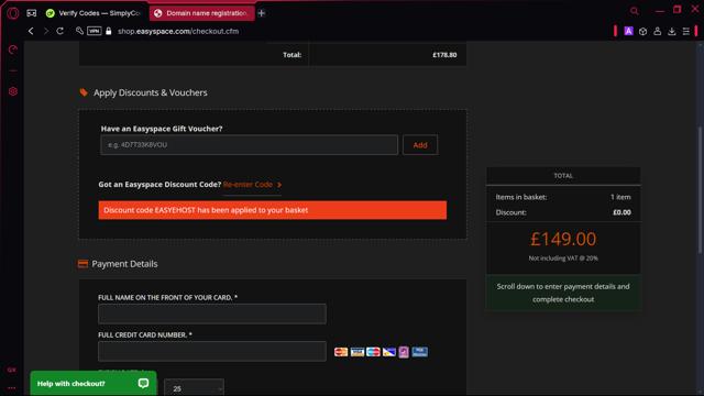 EasySpace checkout page showing EasySpace promo code box | Screenshot taken by SimplyCodes community member on Jan 8, 2025