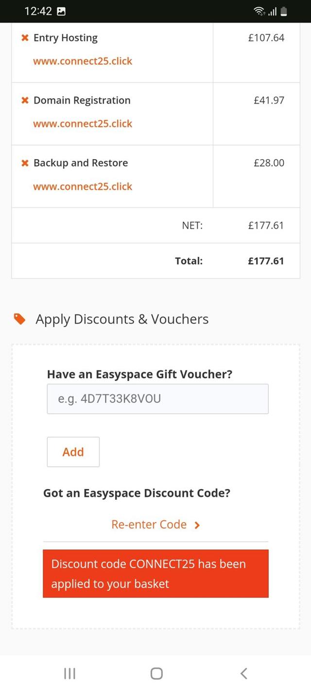 EasySpace checkout page showing EasySpace promo code box | Screenshot taken by SimplyCodes community member on Jan 8, 2025