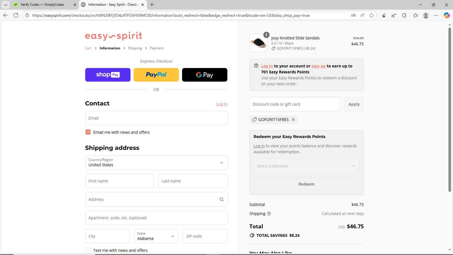 Easy Spirit discount code screenshot showing code goforit15fbes applied at Easy Spirit checkout page. Uploaded by SimplyCodes community member CrownShopper2899 on Aug 27, 2025