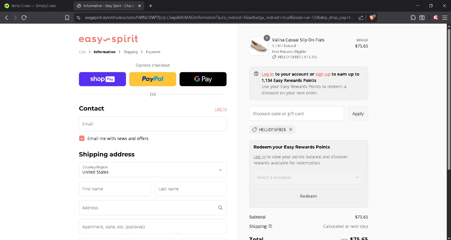 Easy Spirit discount code screenshot showing code HELLO15FBES applied at Easy Spirit checkout page. Uploaded by SimplyCodes community member JosephStevens774 on Aug 27, 2025