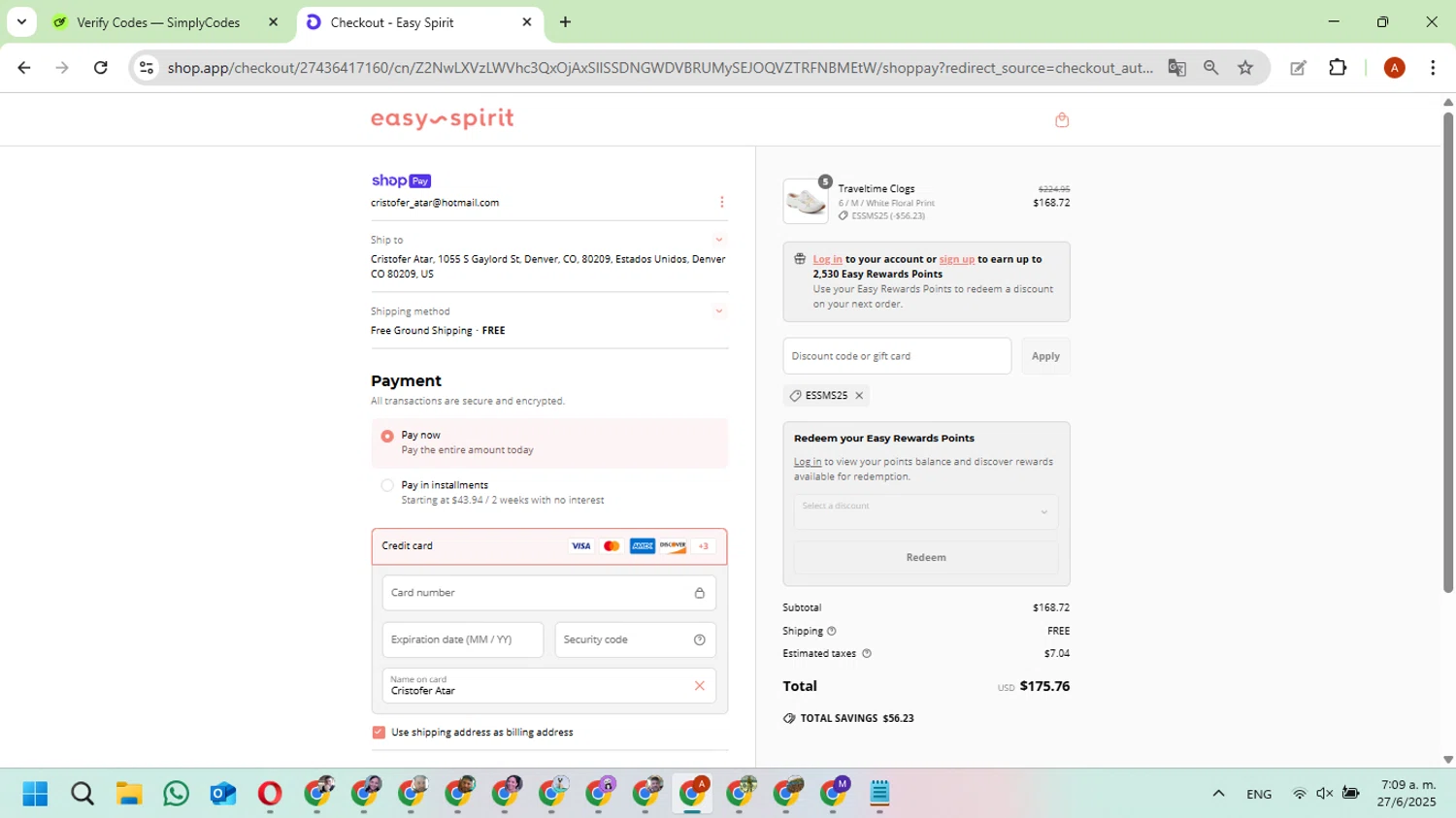 Easy Spirit discount code screenshot showing code ESSMS25 applied at Easy Spirit checkout page. Uploaded by SimplyCodes community member CouponExpert7551 on Jun 27, 2025