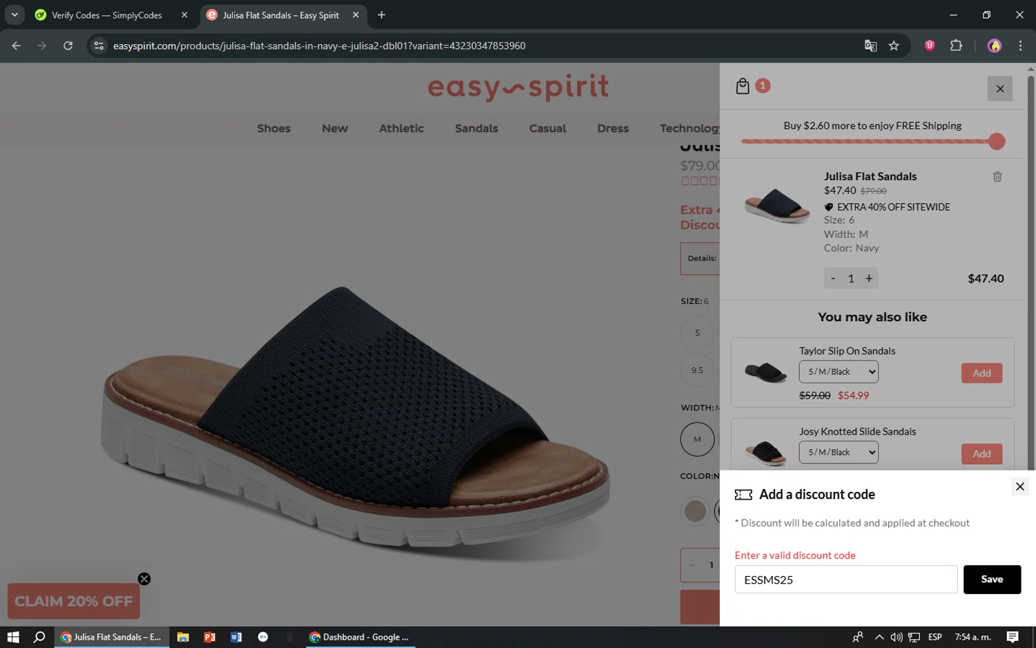 Easy Spirit discount code screenshot showing code ESSMS25 applied at Easy Spirit checkout page. Uploaded by SimplyCodes community member TreasureShopper9156 on Jul 7, 2025