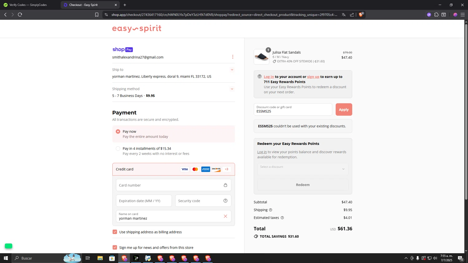 Easy Spirit discount code screenshot showing code ESSMS25 applied at Easy Spirit checkout page. Uploaded by SimplyCodes community member PHYSICALTHERAPY on Jul 7, 2025
