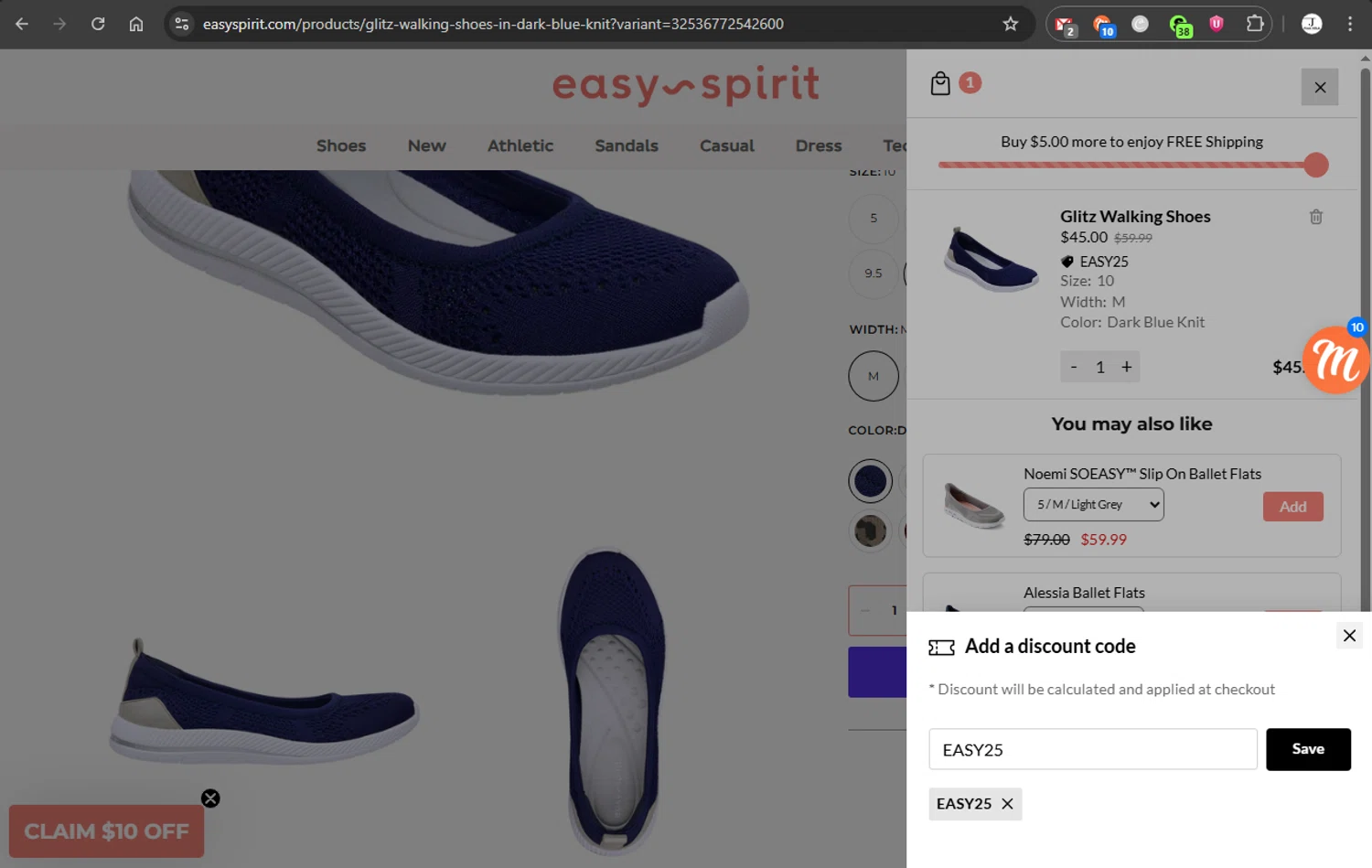 Easy Spirit discount code screenshot showing code EASY25 applied at Easy Spirit checkout page. Uploaded by SimplyCodes community member Jeffreyp on Aug 27, 2025
