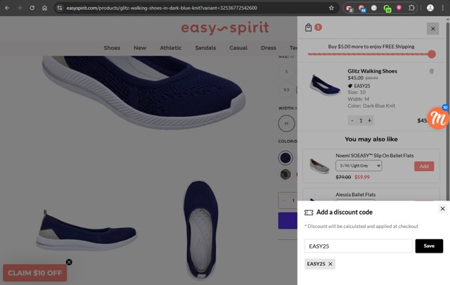 Easy Spirit checkout page showing Easy Spirit discount code box | Screenshot taken by SimplyCodes community member on Aug 27, 2025