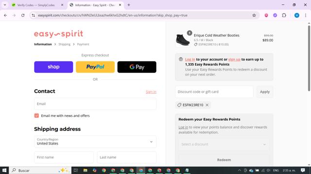 Easy Spirit checkout page showing Easy Spirit discount code box | Screenshot taken by SimplyCodes community member on Sep 9, 2025