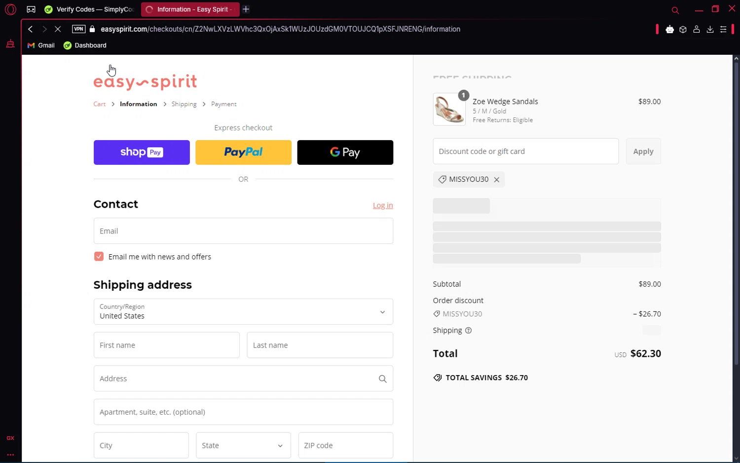 Easy Spirit discount code screenshot showing code missyou30 applied at Easy Spirit checkout page. Uploaded by SimplyCodes community member VoucherAce8469 on Feb 24, 2025