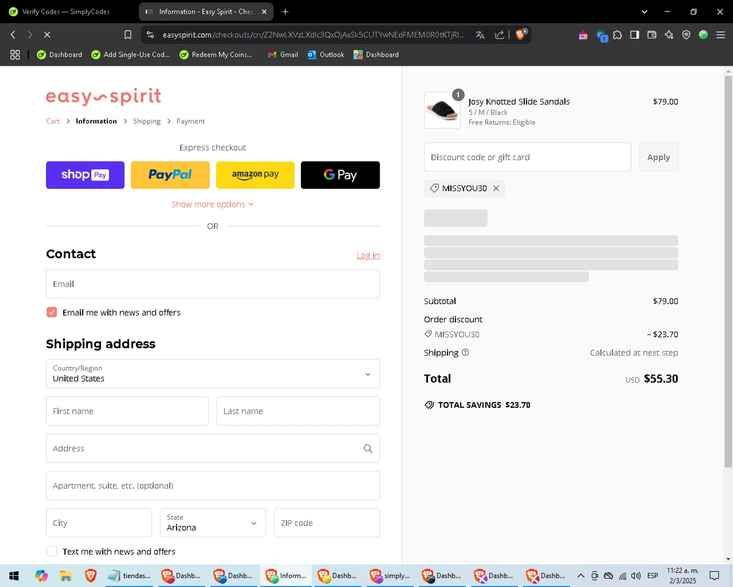 Easy Spirit discount code screenshot showing code missyou30 applied at Easy Spirit checkout page. Uploaded by SimplyCodes community member CrownScholar8035 on Mar 2, 2025