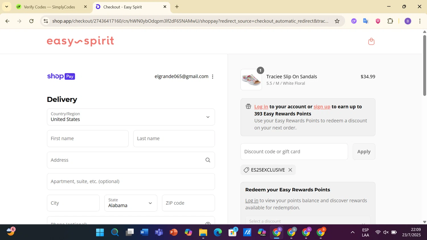 Easy Spirit discount code screenshot showing code ES25EXCLUSIVE applied at Easy Spirit checkout page. Uploaded by SimplyCodes community member BargainCurator1325 on Jul 24, 2025