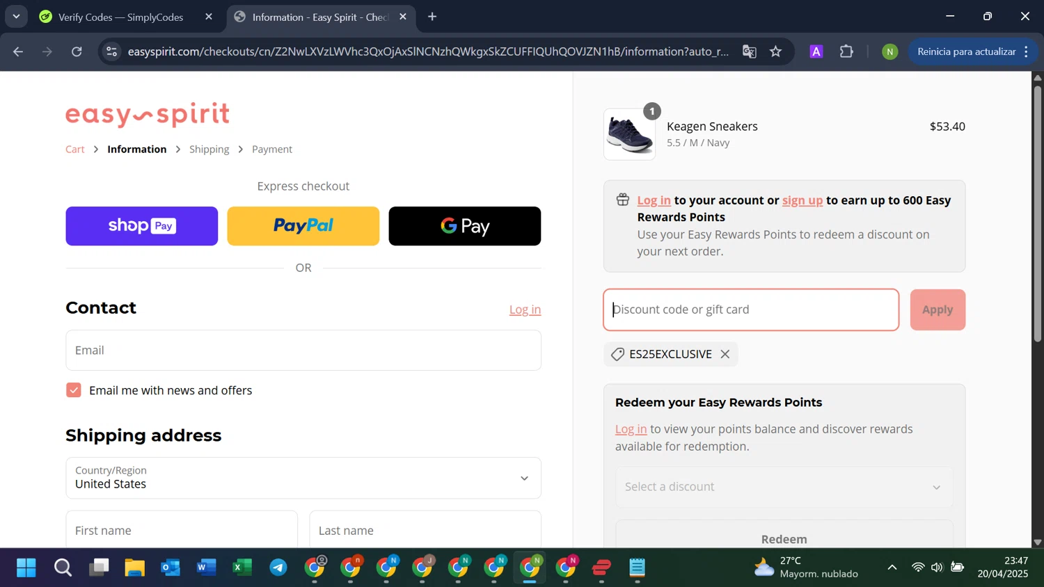 Easy Spirit discount code screenshot showing code ES25EXCLUSIVE applied at Easy Spirit checkout page. Uploaded by SimplyCodes community member LuckyKnight4806 on Apr 21, 2025