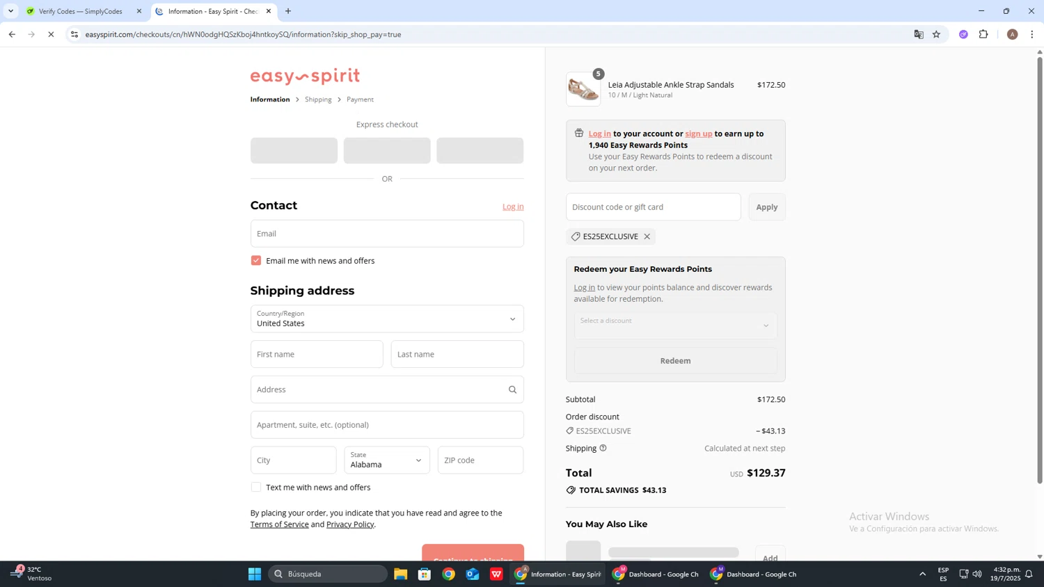 Easy Spirit discount code screenshot showing code ES25EXCLUSIVE applied at Easy Spirit checkout page. Uploaded by SimplyCodes community member SwiftSage2309 on Jul 19, 2025