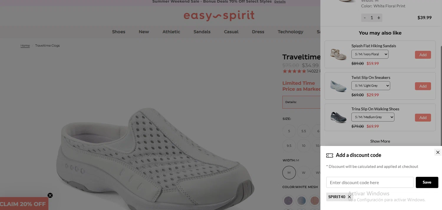 Easy Spirit discount code screenshot showing code SPIRIT40 applied at Easy Spirit checkout page. Uploaded by SimplyCodes community member Francisco on Aug 2, 2025