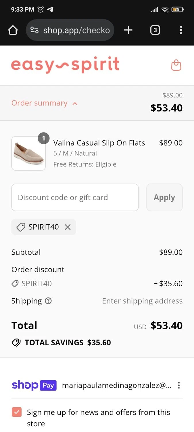 Easy Spirit discount code screenshot showing code SPIRIT40 applied at Easy Spirit checkout page. Uploaded by SimplyCodes community member PromoMaven605 on Aug 27, 2025