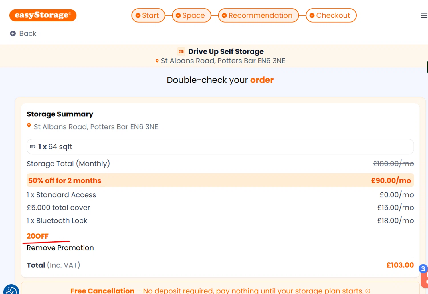 Easy Storage promo code screenshot showing code 20OFF applied at Easy Storage checkout page. Uploaded by SimplyCodes community member morella687 on Apr 18, 2026