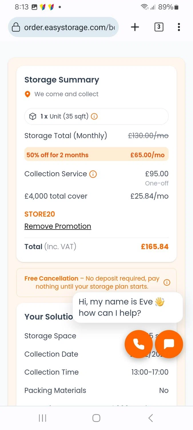 easyStorage promo code screenshot showing code STORE20 applied at easyStorage checkout page. Uploaded by SimplyCodes community member ScanMaverick9378 on Dec 21, 2025