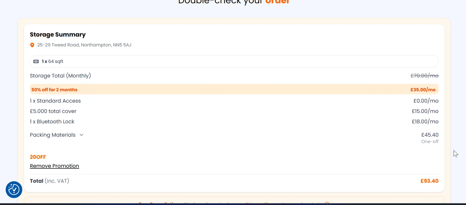 easyStorage promo code screenshot showing code 20OFF applied at easyStorage checkout page. Uploaded by SimplyCodes community member Bope_________ on Nov 26, 2025