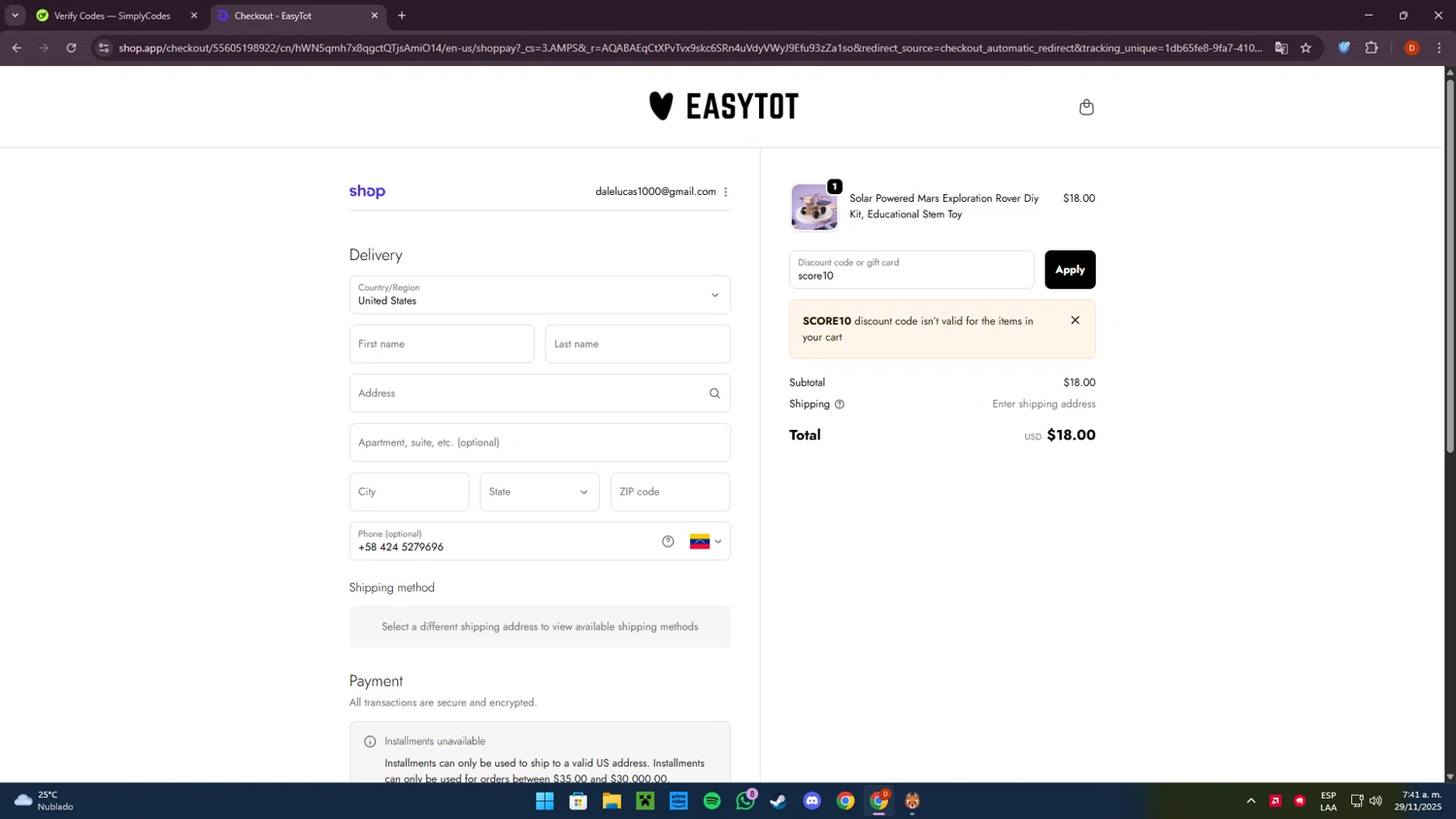 EasyTot promo code screenshot showing code score10 applied at EasyTot checkout page. Uploaded by SimplyCodes community member Corleone on Nov 29, 2025
