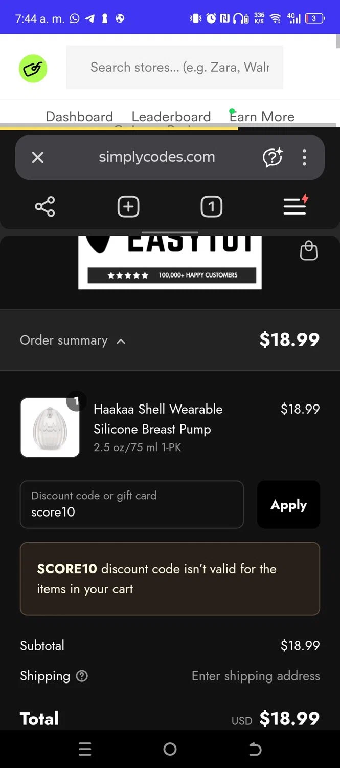 EasyTot promo code screenshot showing code score10 applied at EasyTot checkout page. Uploaded by SimplyCodes community member CouponNavigator9812 on Aug 30, 2025