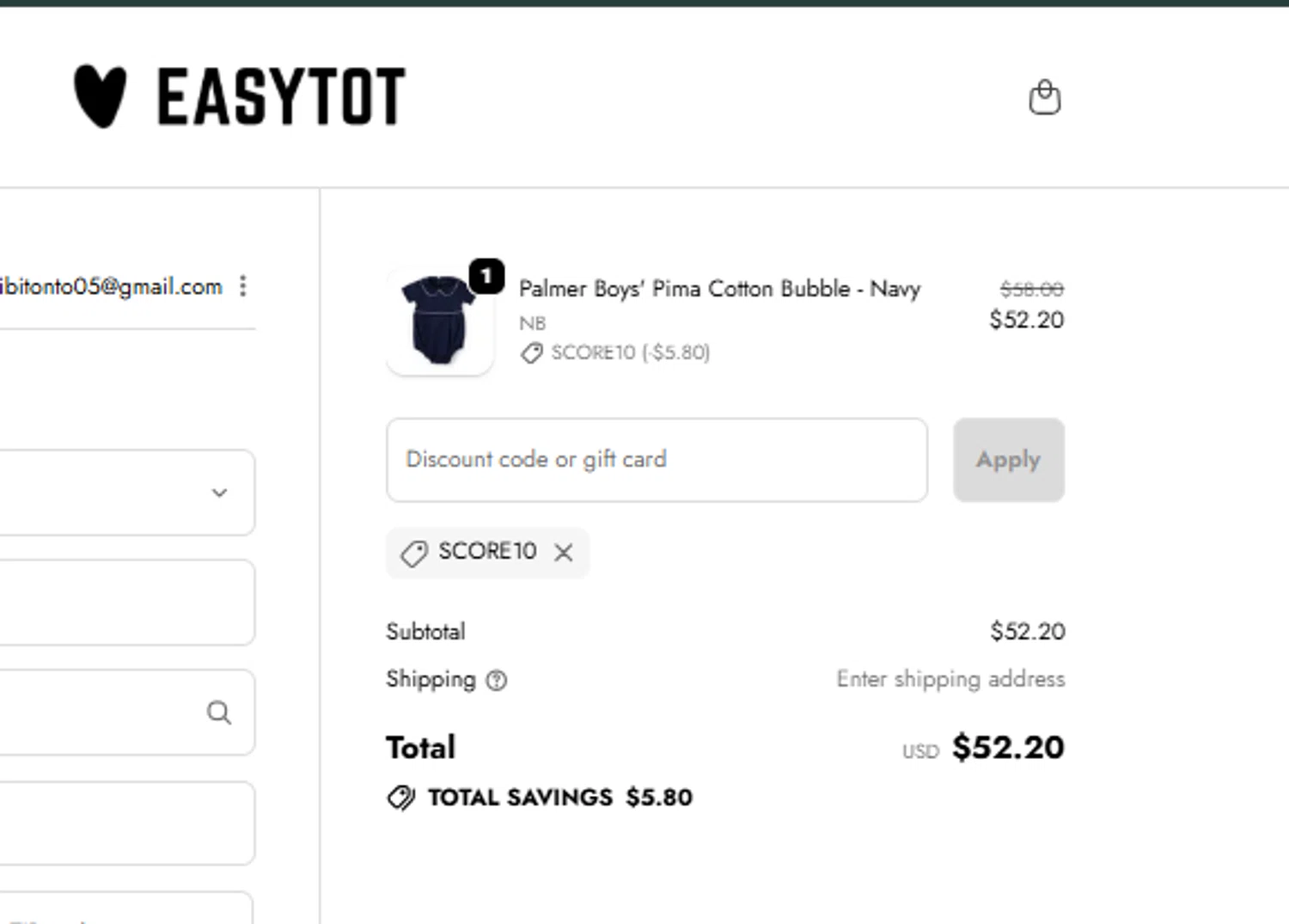 EasyTot promo code screenshot showing code score10 applied at EasyTot checkout page. Uploaded by SimplyCodes community member tumdre on Oct 18, 2025