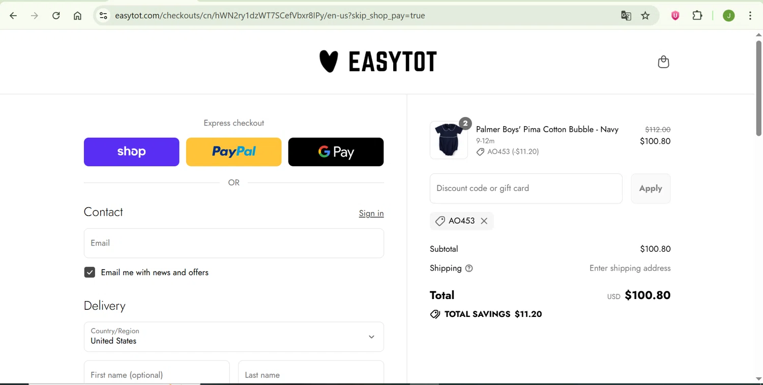 EasyTot promo code screenshot showing code AO453 applied at EasyTot checkout page. Uploaded by SimplyCodes community member ShrewdChaser7973 on Sep 11, 2025