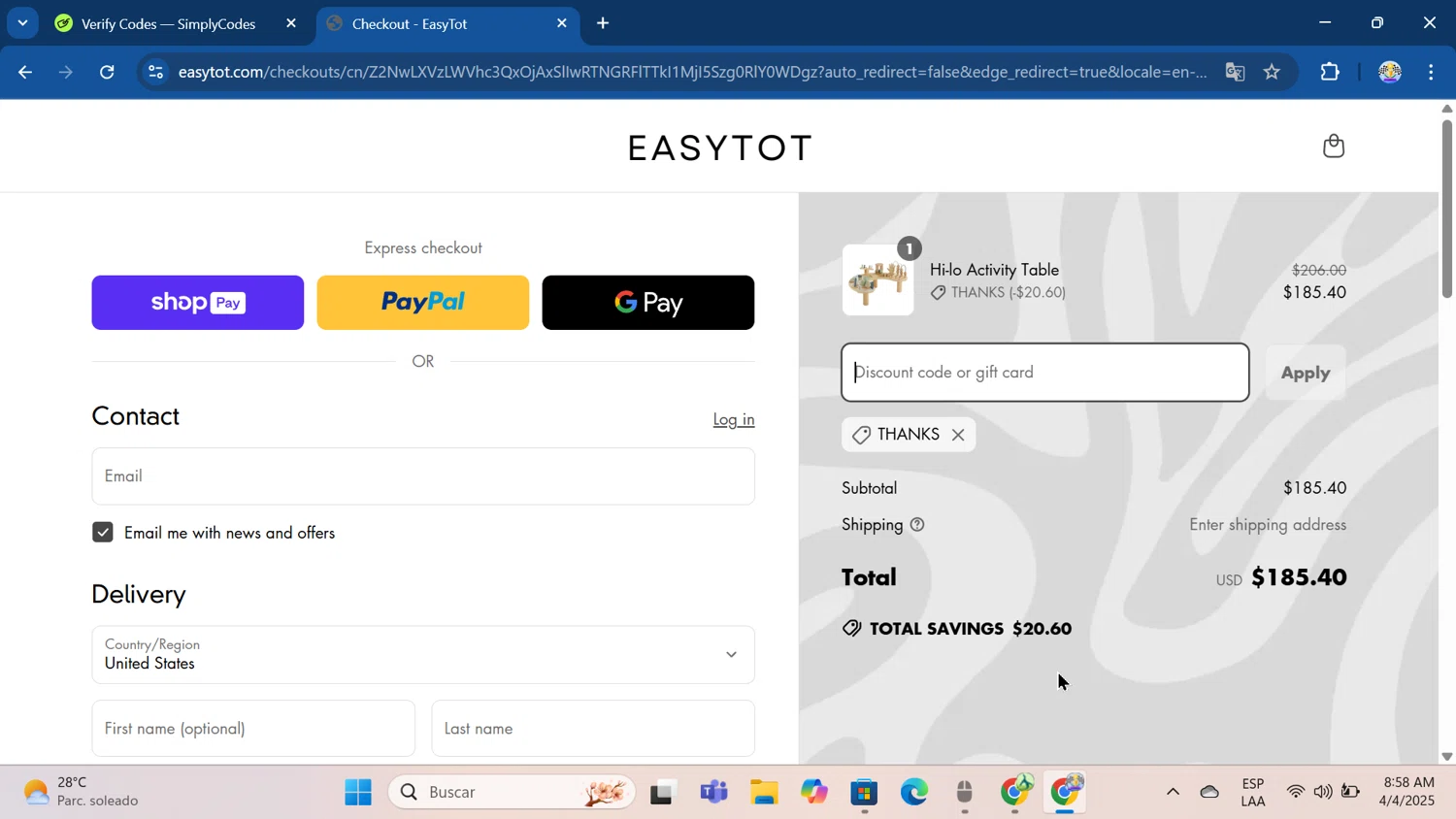 EasyTot promo code screenshot showing code THANKS applied at EasyTot checkout page. Uploaded by SimplyCodes community member Bope_________ on Apr 4, 2025