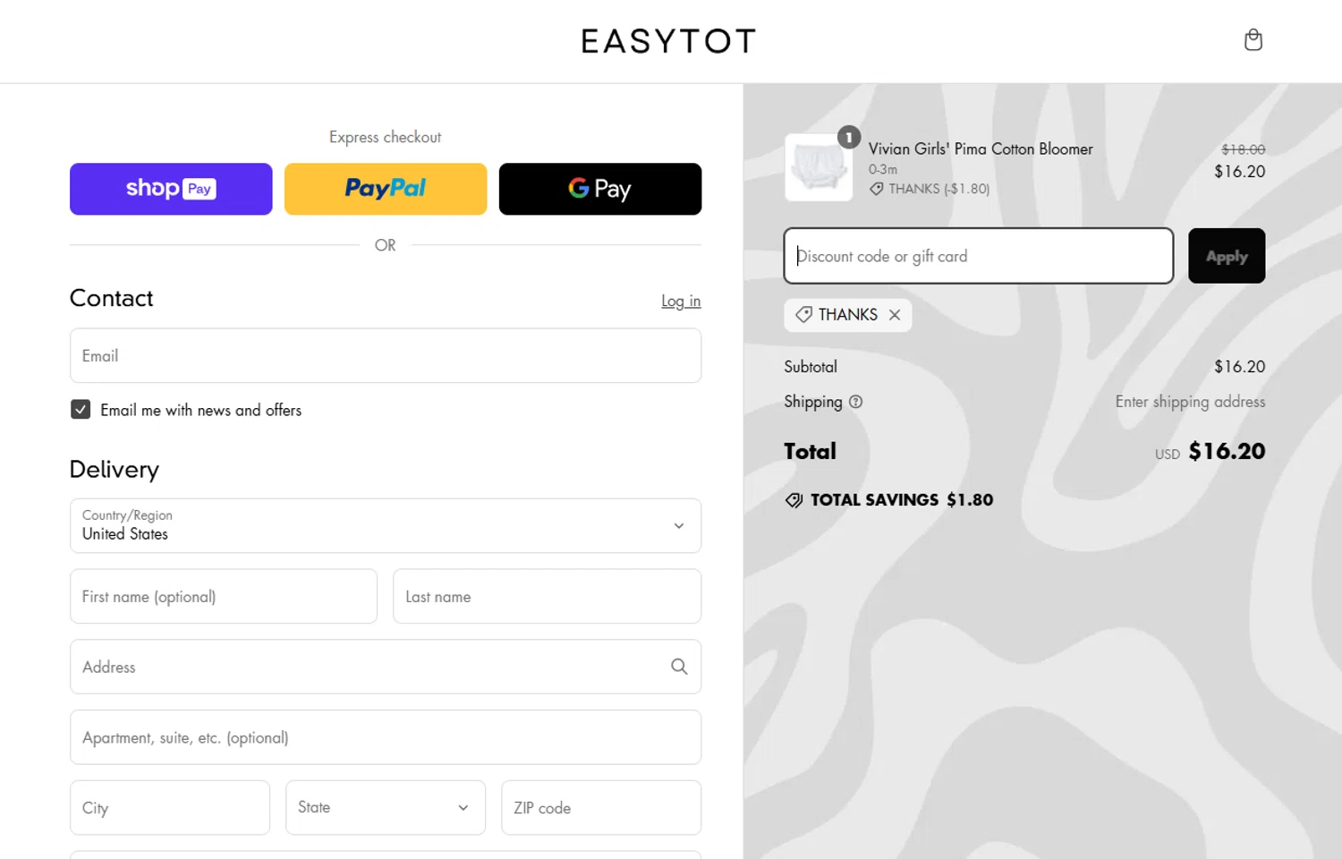 EasyTot promo code screenshot showing code THANKS applied at EasyTot checkout page. Uploaded by SimplyCodes community member Marboroooooooooooo on Mar 14, 2025