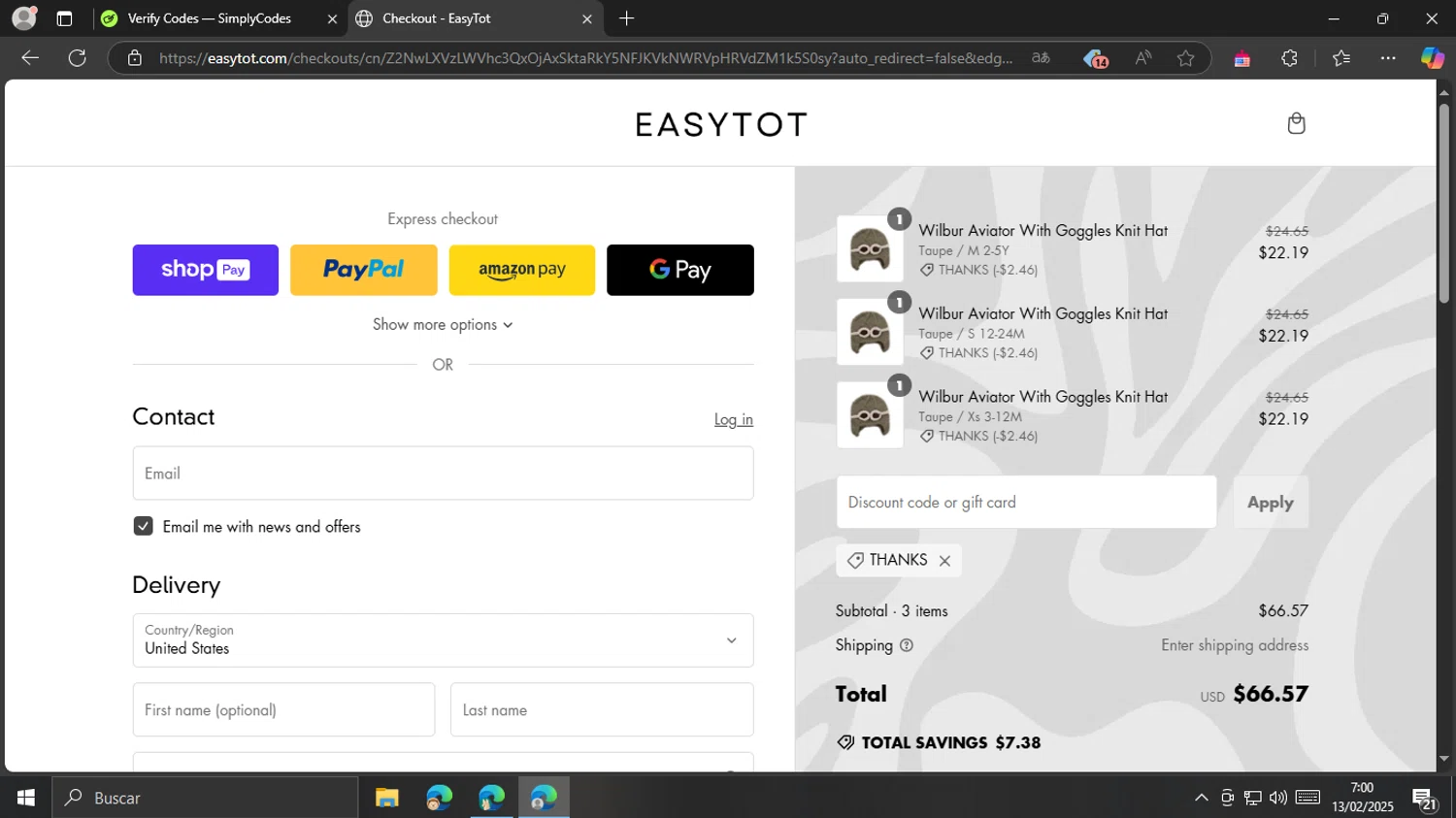 EasyTot promo code screenshot showing code THANKS applied at EasyTot checkout page. Uploaded by SimplyCodes community member MrsPopo on Feb 13, 2025
