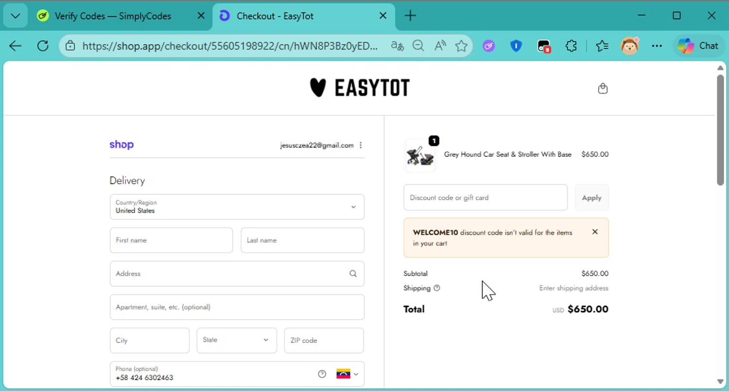 EasyTot checkout page showing EasyTot promo code box | Screenshot taken by SimplyCodes community member on Feb 4, 2026