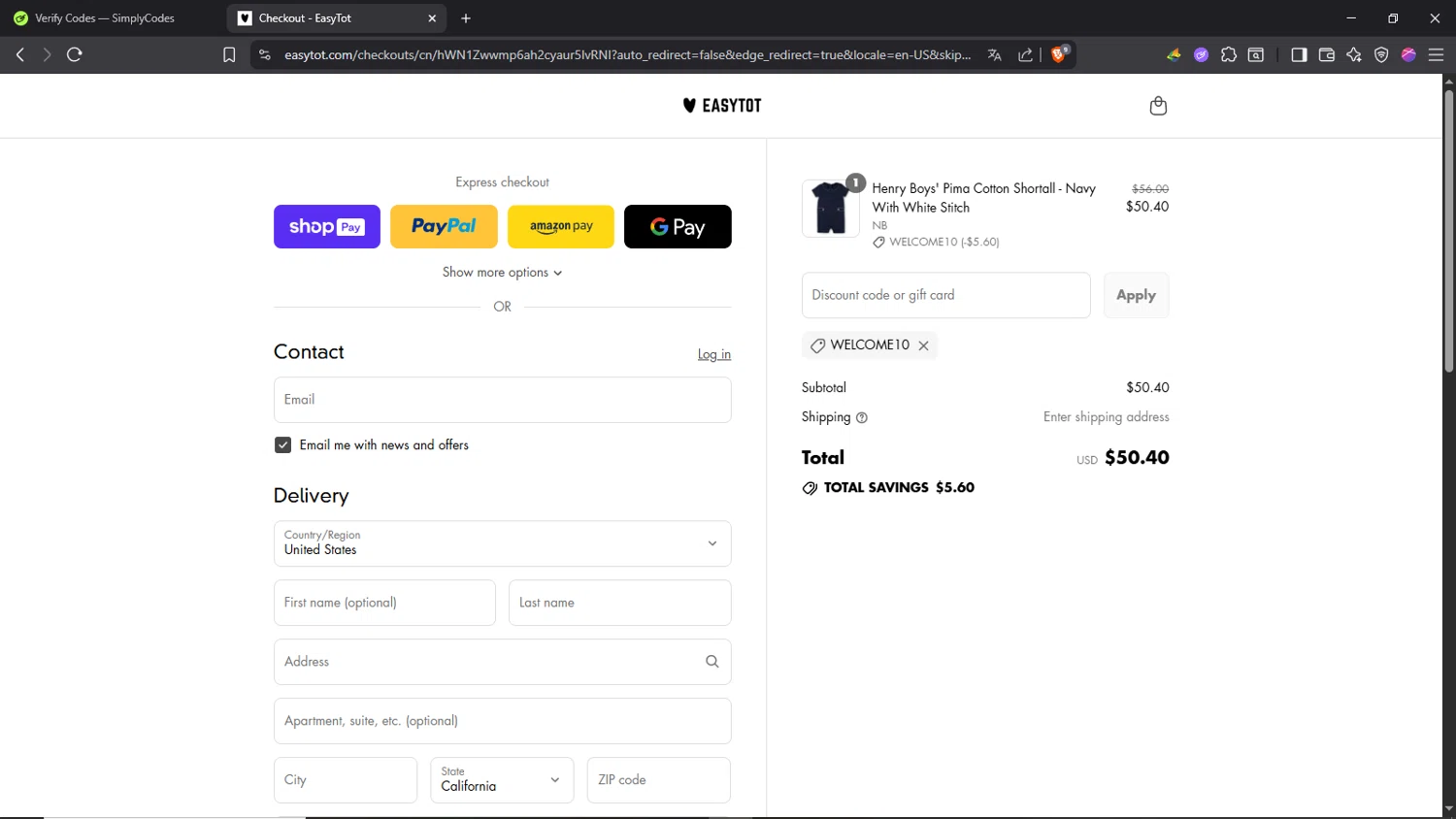 EasyTot promo code screenshot showing code WELCOME10 applied at EasyTot checkout page. Uploaded by SimplyCodes community member Morrachida04 on Aug 8, 2025