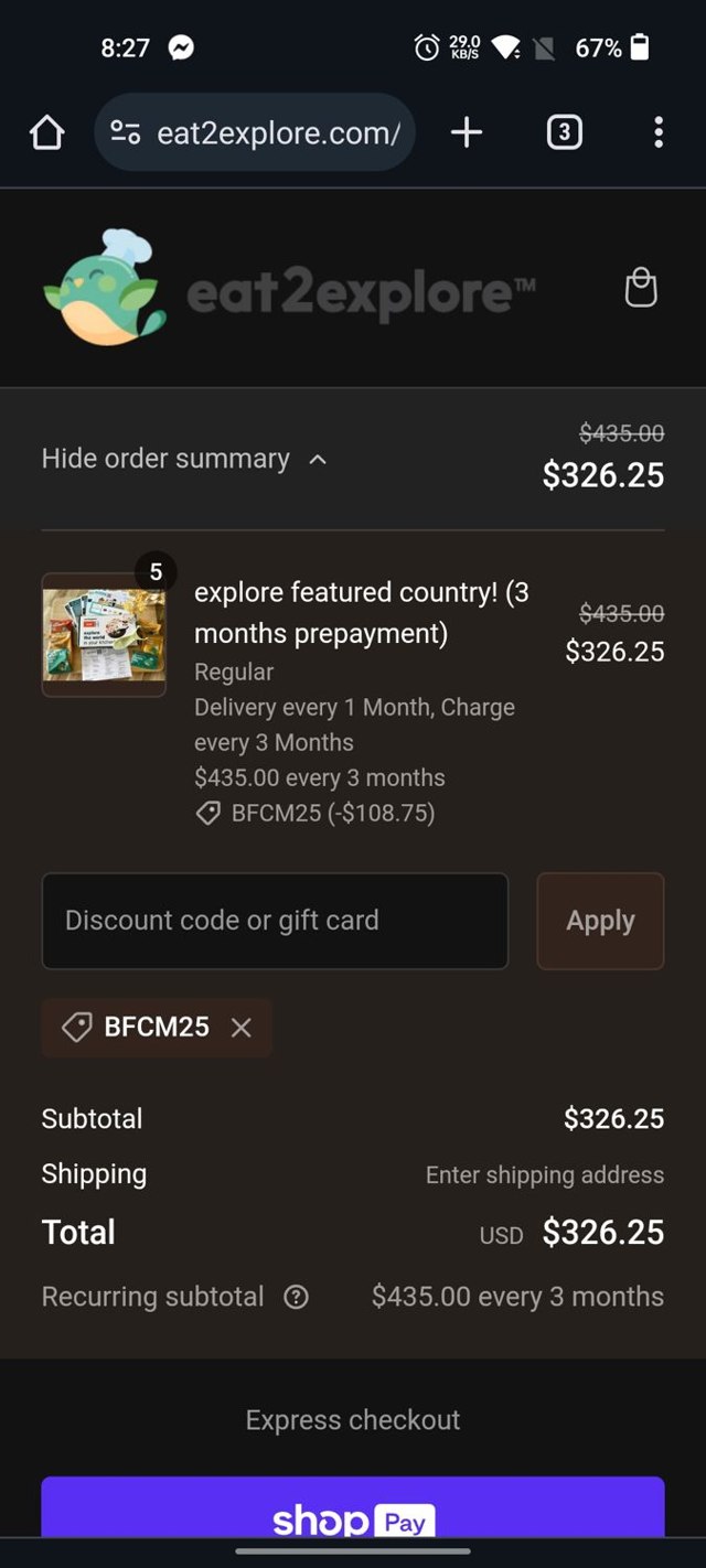 Eat2explore checkout page showing Eat2explore discount code box | Screenshot taken by SimplyCodes community member on Nov 21, 2023