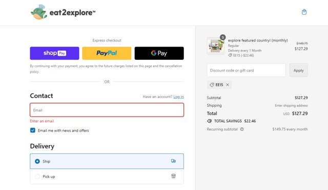 Eat2explore checkout page showing Eat2explore discount code box | Screenshot taken by SimplyCodes community member on Feb 17, 2024