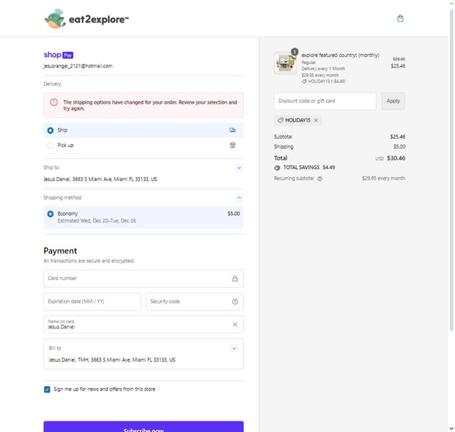 Eat2explore checkout page showing Eat2explore discount code box | Screenshot taken by SimplyCodes community member on Dec 9, 2023