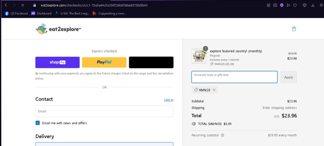 Eat2explore checkout page showing Eat2explore discount code box | Screenshot taken by SimplyCodes community member on Mar 20, 2024