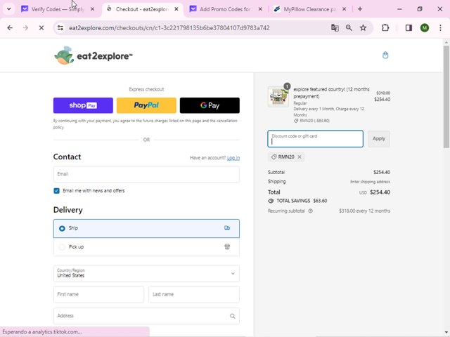 Eat2explore checkout page showing Eat2explore discount code box | Screenshot taken by SimplyCodes community member on Feb 17, 2024