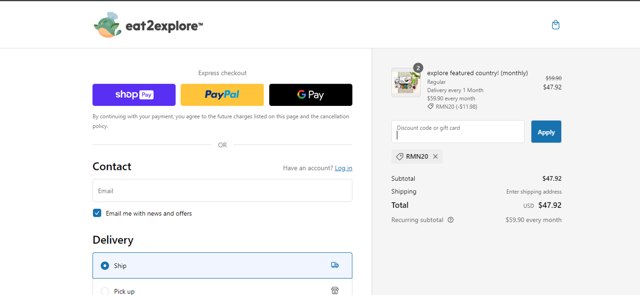 Eat2explore checkout page showing Eat2explore discount code box | Screenshot taken by SimplyCodes community member on Nov 29, 2023