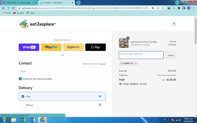 Eat2explore checkout page showing Eat2explore discount code box | Screenshot taken by SimplyCodes community member on Feb 5, 2024
