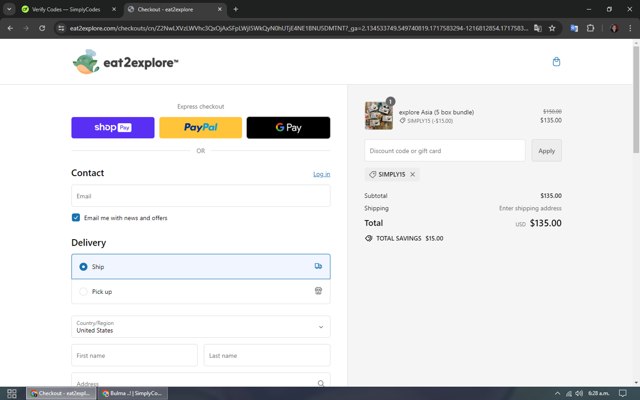 Eat2explore checkout page showing Eat2explore discount code box | Screenshot taken by SimplyCodes community member on Jun 5, 2024