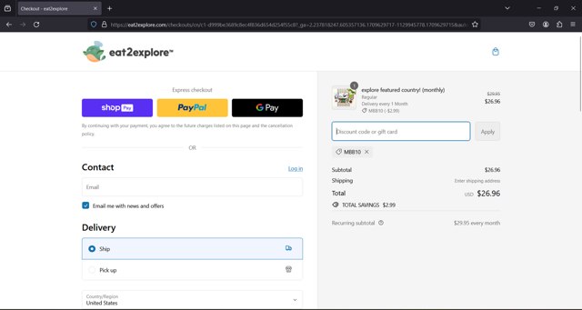 Eat2explore checkout page showing Eat2explore discount code box | Screenshot taken by SimplyCodes community member on Mar 5, 2024