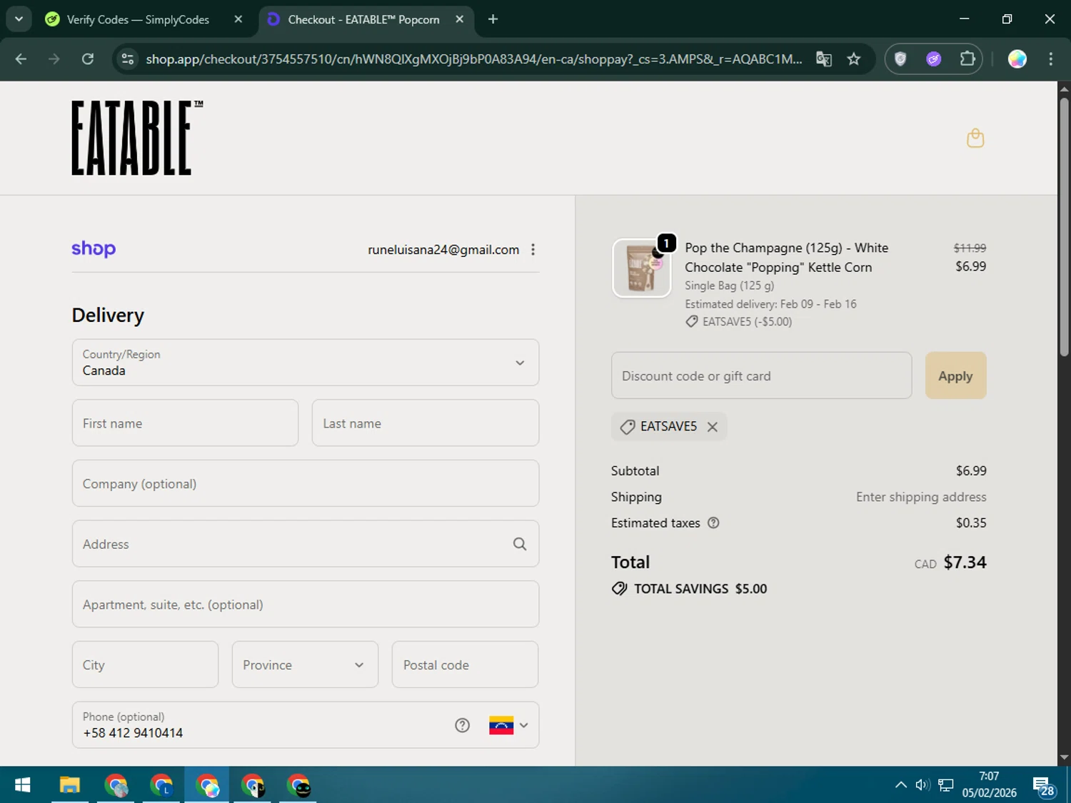 EATABLE promo code screenshot showing code EATSAVE5 applied at EATABLE checkout page. Uploaded by SimplyCodes community member Estrellitacoairis on Feb 5, 2026