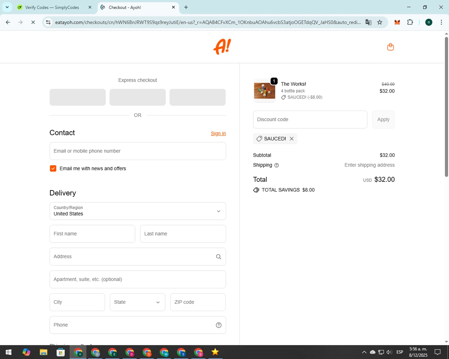 Ayoh! discount code screenshot showing code SAUCED! applied at Ayoh! checkout page. Uploaded by SimplyCodes community member 00000008 on Dec 8, 2025